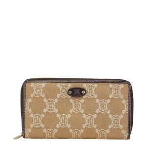 Celine Macadam round zip long wallet beige brown leather